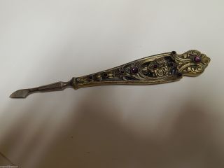 Antique Victorian Gold Gilt Metal Jeweled Nail Cuticle,  Manicure Tool