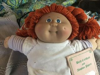 Vintage Red Yarn Hair Cabbage Patch Girl Doll With Birth Certificate