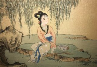 Antique Chinese Silk Asian Art Signed,  Framed “resting In The Shade Of A Willow”