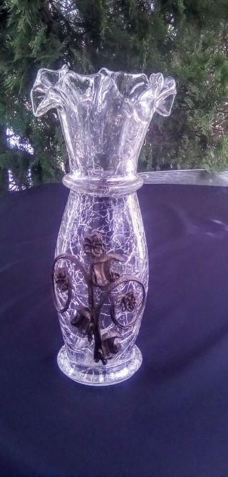 Antique Heavy Crackle Glass Vase With Ornate Brass Metal Flowers Ruffle Top