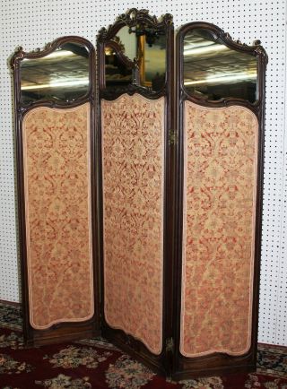 Antique Walnut Louis XV Country French Mirror 3 Panel Screen Gold Relief c1890 2