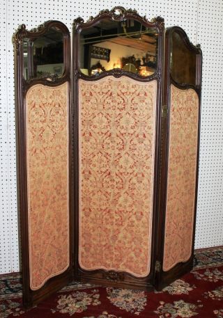 Antique Walnut Louis XV Country French Mirror 3 Panel Screen Gold Relief c1890 3