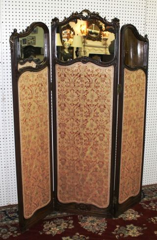 Antique Walnut Louis XV Country French Mirror 3 Panel Screen Gold Relief c1890 4