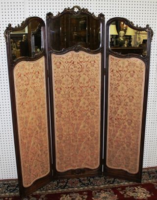 Antique Walnut Louis XV Country French Mirror 3 Panel Screen Gold Relief c1890 6