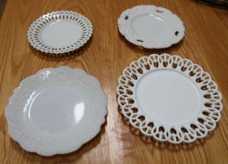 Set Of 4 Antique Milk Glass Plates,  Lace Edge,  Floral,  Etc.