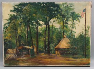 1929 Antique George N Chapman Oil Painting,  Boy Scouts Camping Encampment Nr