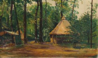 1929 Antique GEORGE N CHAPMAN Oil Painting,  Boy Scouts Camping Encampment NR 3