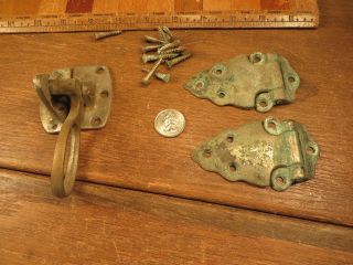 Antique Brass Ice Box Hinges With Latch,  Catch,  & Screws