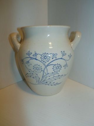 Antique 6 - 1/2 " Gustavsberg Stenmassa Swedish Stoneware Crock With Blue Flowers