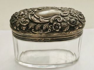 Lovely Old Edwardian Glass Vanity Cream Jar With Ornate 1906 Silver Hallmark Lid