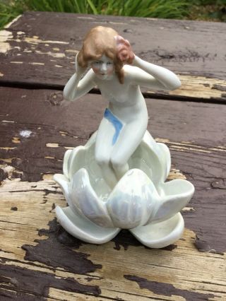 Antique Sitzendorf Porcelain Nude Lady Bathing Beauty Flower Frog Lotus Gorgeous