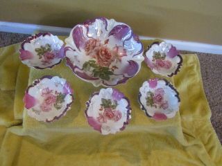 Antique Ps Germany Floral Bowl W/ 5 Matching Berry Bowls - Very Stunning