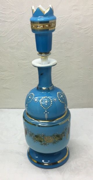 Antique Bohemian Turquoise Cased Glass Decanter - Hand Painted W/ Gold - 10.  25”