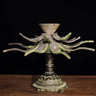 Antique Tibetan Buddhism Old Bronze Lotus Lamp Oil lamp 4