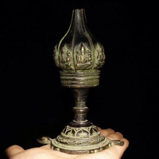 Antique Tibetan Buddhism Old Bronze Lotus Lamp Oil lamp 5