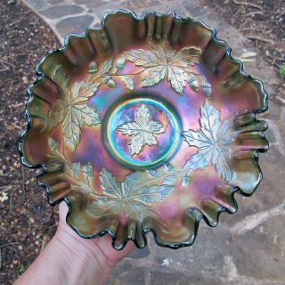 Fenton Autumn Acorns Antique Carnival Art Glass Green Bowl Iridescent Pretty