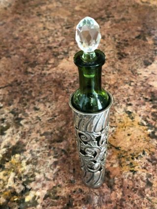 Antique Green Glass And Silver Scent Bottle