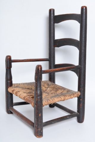 Antique 1700s England Child ' s Slat back arm Chair Ladderback Primitive folk 3