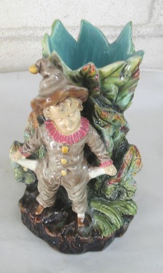 Outstanding Rare Antique German Majolica Young Boy Clown Figural Vase