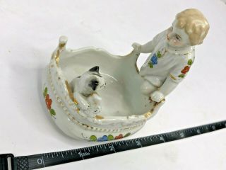 Antique Hand Painted Porcelain Blonde Child W/ Black & White Cat Dish No 3739