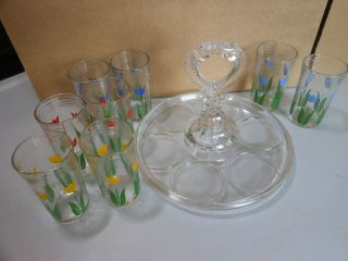 Antique Glass Handled Beverage Holder With 8 Vintage Swanky Swig Juice Glasses
