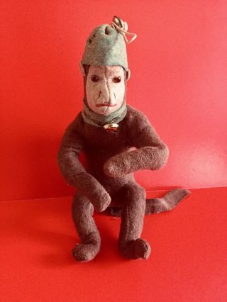Antique Stuffed Monkey - Glass Eyes Hand Stitched Felt W/ Bells Fez Straw Filled