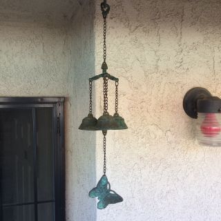 Antique " Orig.  Unique " Cast Brass Bell Wind Chime W/brass Butterfly Designed Sail