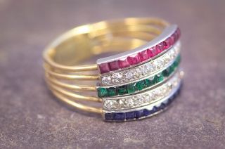 Antique Art Deco English 18k Gold Sapphire Emerald Ruby Diamond 5 - Band Ring 1920