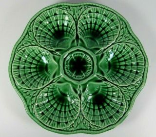 Antique French Sarreguemines Majolica Oyster Plate 6 St Jaques Shells Green