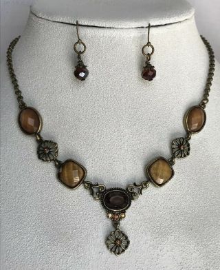 Lia Sophia Toffee Set Necklace Antique Goldtone Brown Topaz Signed & Bns Earring