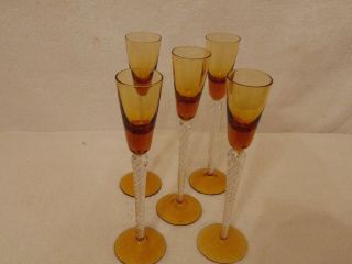 5 Vintage Unknown Crystal Air - Twist Long Stem Cordial Aperitif Glass Amber Color