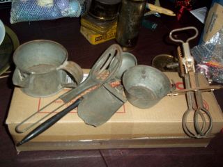 Antique Camping Utensils Tea Scoop Ladle Egg Beater Worn Old War Cup Tin