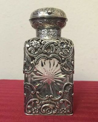 Antique English Cut Crystal Sterling Silver Overlay Perfume Bottle W.  C.  Comyns