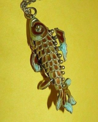 Vintage Antique Sterling Silver W/ Cloisonne Enamel Articulated " Fish " Pendant
