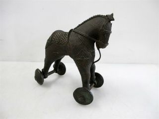Antique Cast Bronze Horse On Wheels Temple Toy 8.  5 " Tall