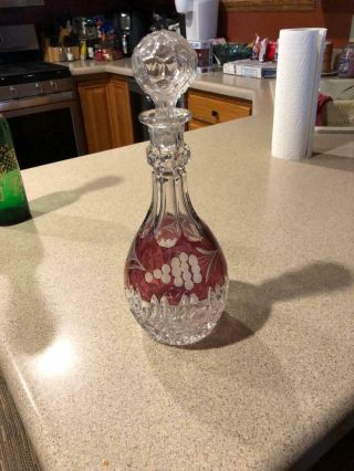 Vintage Crystal With Cranberry - Grape Design Decanter 12 1/2 " Tall