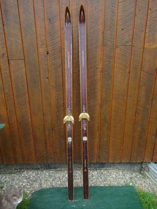 Vintage Wooden 74 " Skis Brown Finish,  Bindings Set