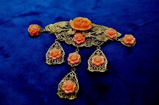Antique Art Deco Gold Filigree /w Hanging Coral Celluloid Carved Flowers Pendant