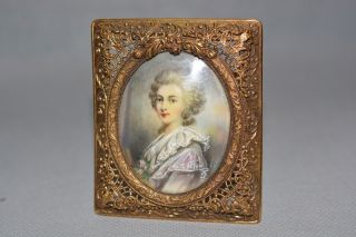 Antique French Oval Miniature Portrait Marie Antoinette Bronze Frame Rectangle