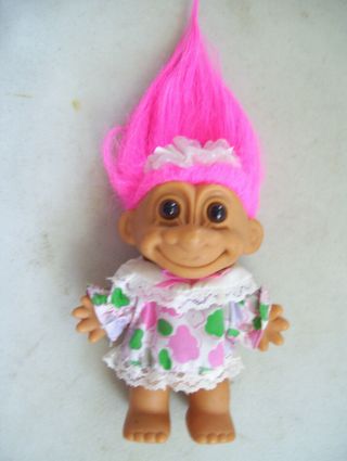 Vintage Russ Troll Doll 5 " Tall Pink Hair Floral Dress Ribbon In Hair Toy