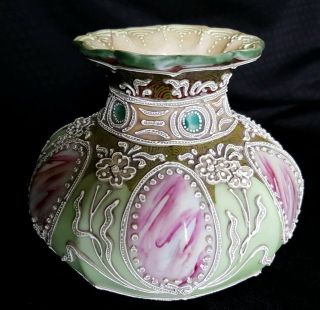 Antique 1920 Nippon Heavy Floral Moriage Green Vase Hand Painted Unusual Shape