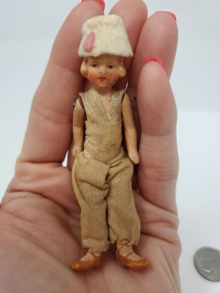 Antique German Miniature Dollhouse Doll 3 " Wire Jointed Bisque Orig Outfit 1910