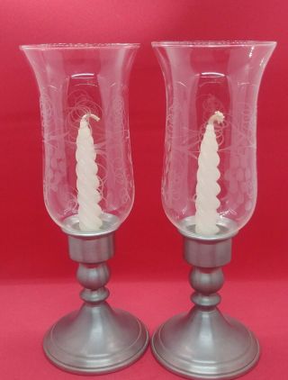 Web Pewter Candle Holder Pair With Etched Glass Globes 11 "