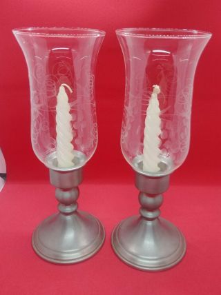 Web Pewter Candle Holder Pair with Etched Glass Globes 11 