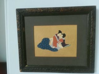 Japanese Shunga Finely Hand Painted Picture Framed C1910 Erotic