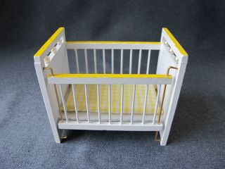 Vintage Faux Pearls Yellow & White Painted Wooden Miniature Baby Cradle F Dolls