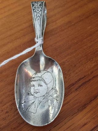 Sterling Silver Baby Spoon,  Vintage,  Etched Face