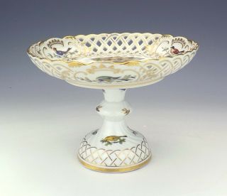 Antique Augustus Rex Meissen Porcelain - Bird Painted,  Pierced & Gilded Comport