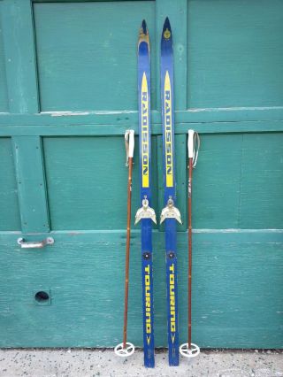 A Very Interesting Vintage Wooden 66 " Long Radisson Skis Blue Finish,  Poles
