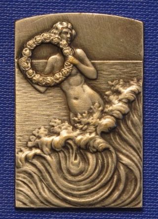 1930s Antique Jugendstil Plaque Nude Mermaid With Wreath In The Sea